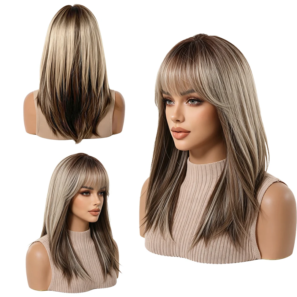 Natural Looking Medium Layered Straight Wigs with Bangs Ash Brown Ombre Blonde Highlights Synthetic Wig For Women Daily Party