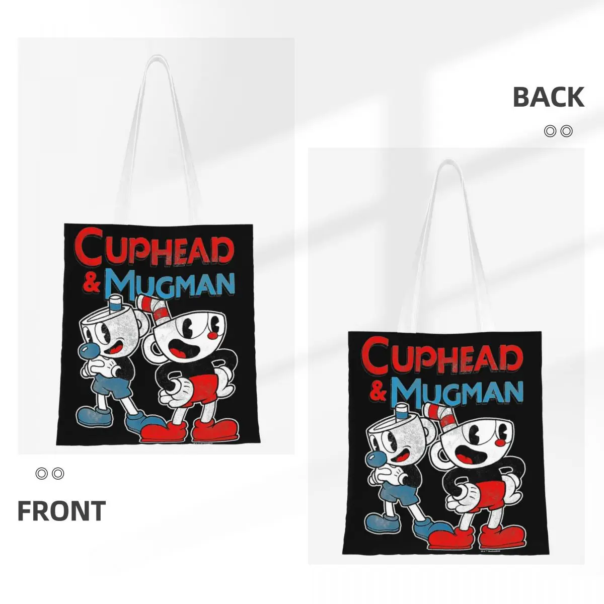 Cuphead & Mugman Dynamic Duo Sac fourre-tout en toile pour femme, sac d'épicerie grande capacité, sacs d'école