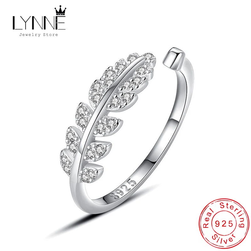 New Fashion 925 Sterling Silver Zircon Leaf Open Rings Rhinestone Feather&Leaves Adjustable Finger Ring Women&Girl Jewelry Gift