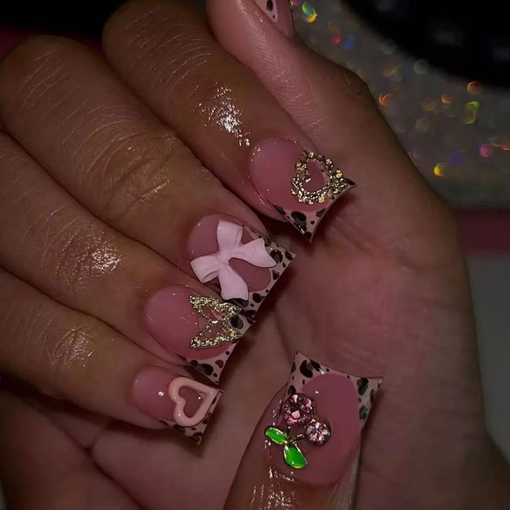

24Pcs Short Square Leopard Print French False Nails 3D Pink Bowknots Butterfly Cherry Fake Nails Sweet Full Cover Press On Nails
