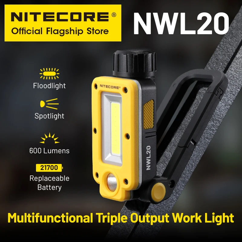 NITECORE NWL20 Luz de trabajo recargable USB-C 180 ° Foco reflector multifuncional ajustable de triple salida, batería 21700