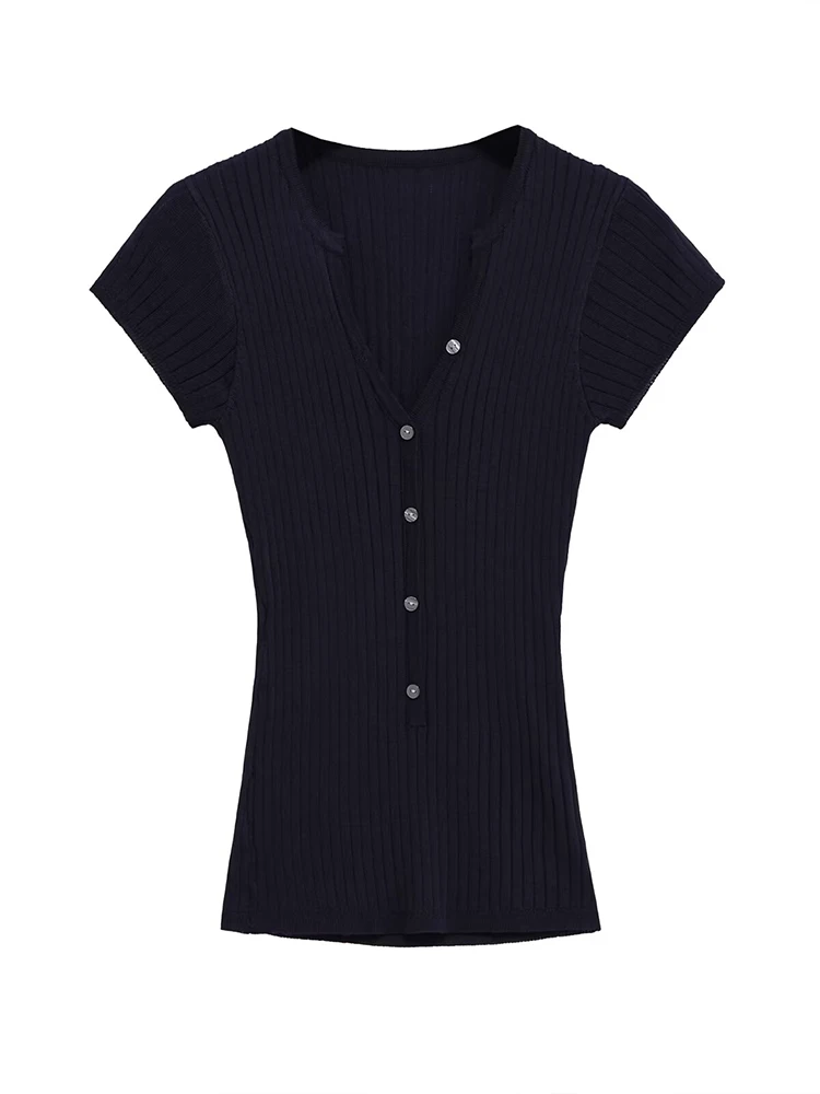 

European style new women's fashion versatile temperament slim fit V-neck thin short-sleeved knitted sweater top
