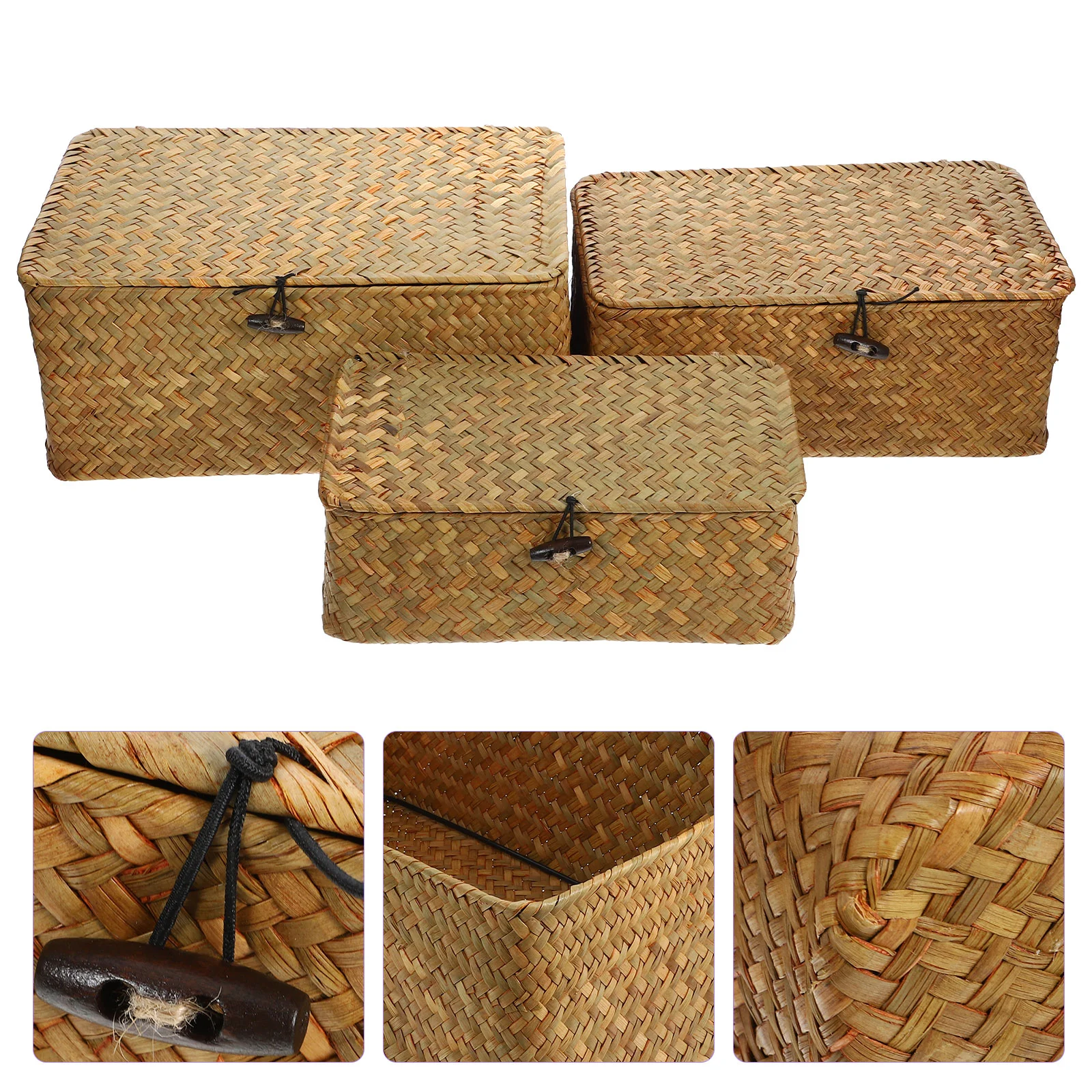 

3pcs New Seaweed With Button Woven Basket Straw Woven Debris Desktop Storage Box Hand-woven Storage Basket - Size S, M, L