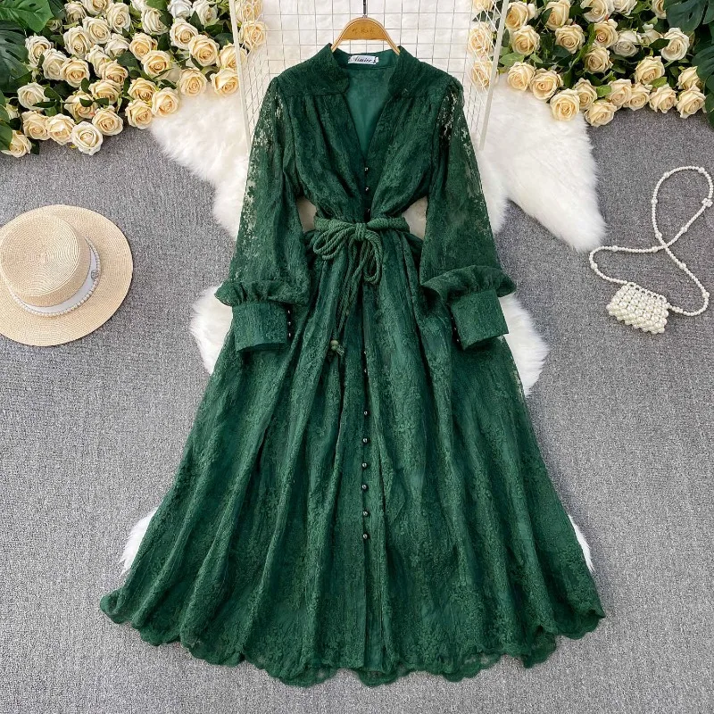 

Women's Clothing High-end Embroidery V-neck Bell Sleeves Dress Fitted Waist Slimming Wide Hem Maxi Dresses for Women Long Sleeve