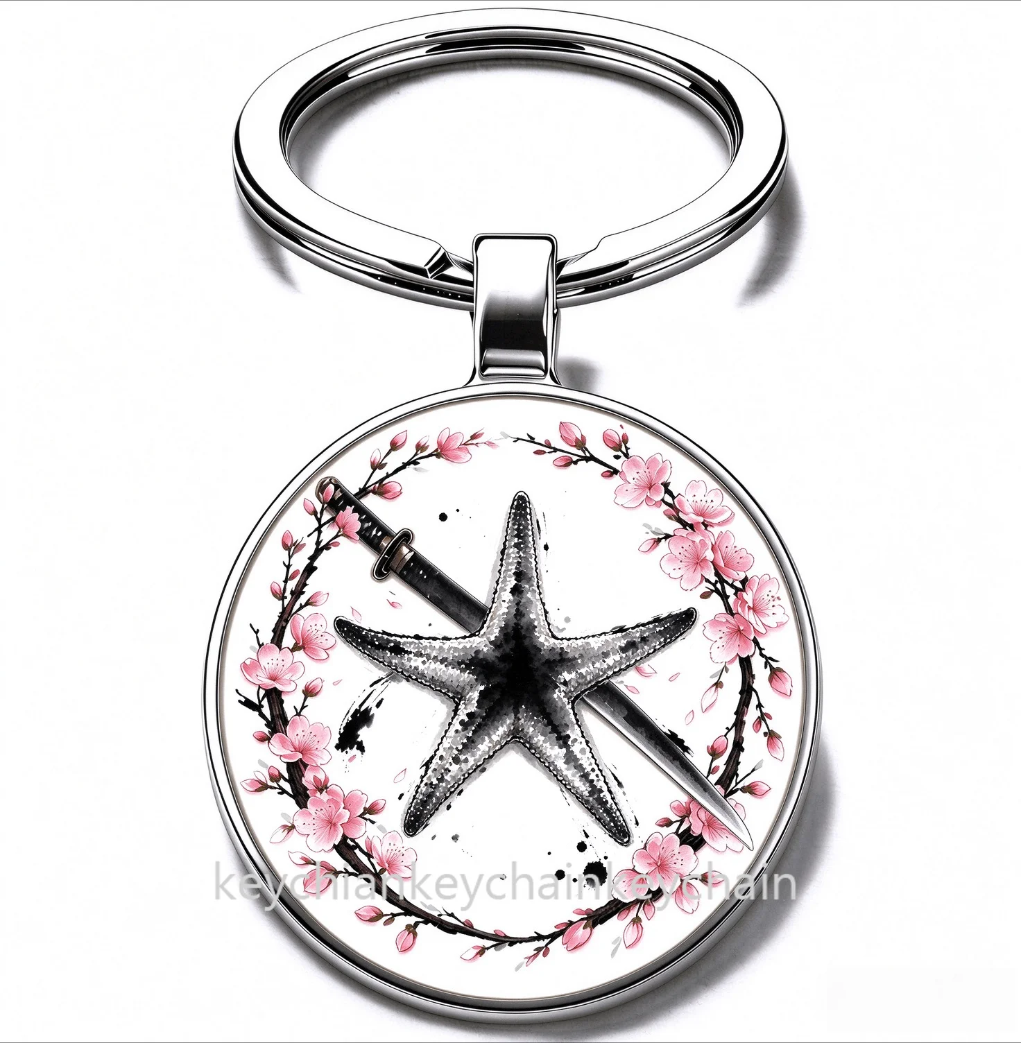 Japanese Starfish Cherry Blossom Katana Keychain Samurai Sword Sakura Wreath Key Ring Car Bag Pendant Men Gift