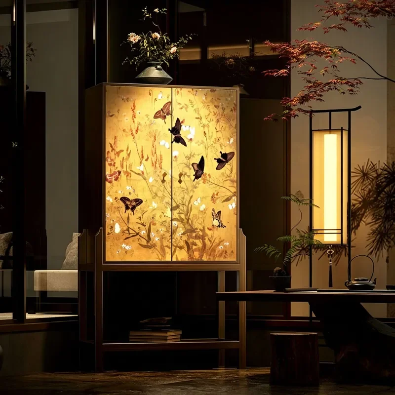 Song Style Aesthetics Butterfly Dance Golden Branch Pattern Solid Wood High Low Combined Cabinet Entrance Cabinet Partition