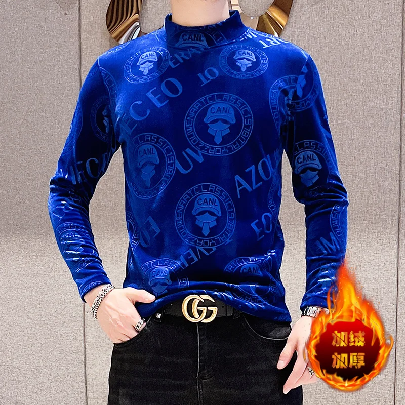 

Royal Blue Velour Turtlenecks Bottoming Shirts For Mens Pullover Velour Slim Fit Luxury Blackish Green T Shirts Stylish Jumper