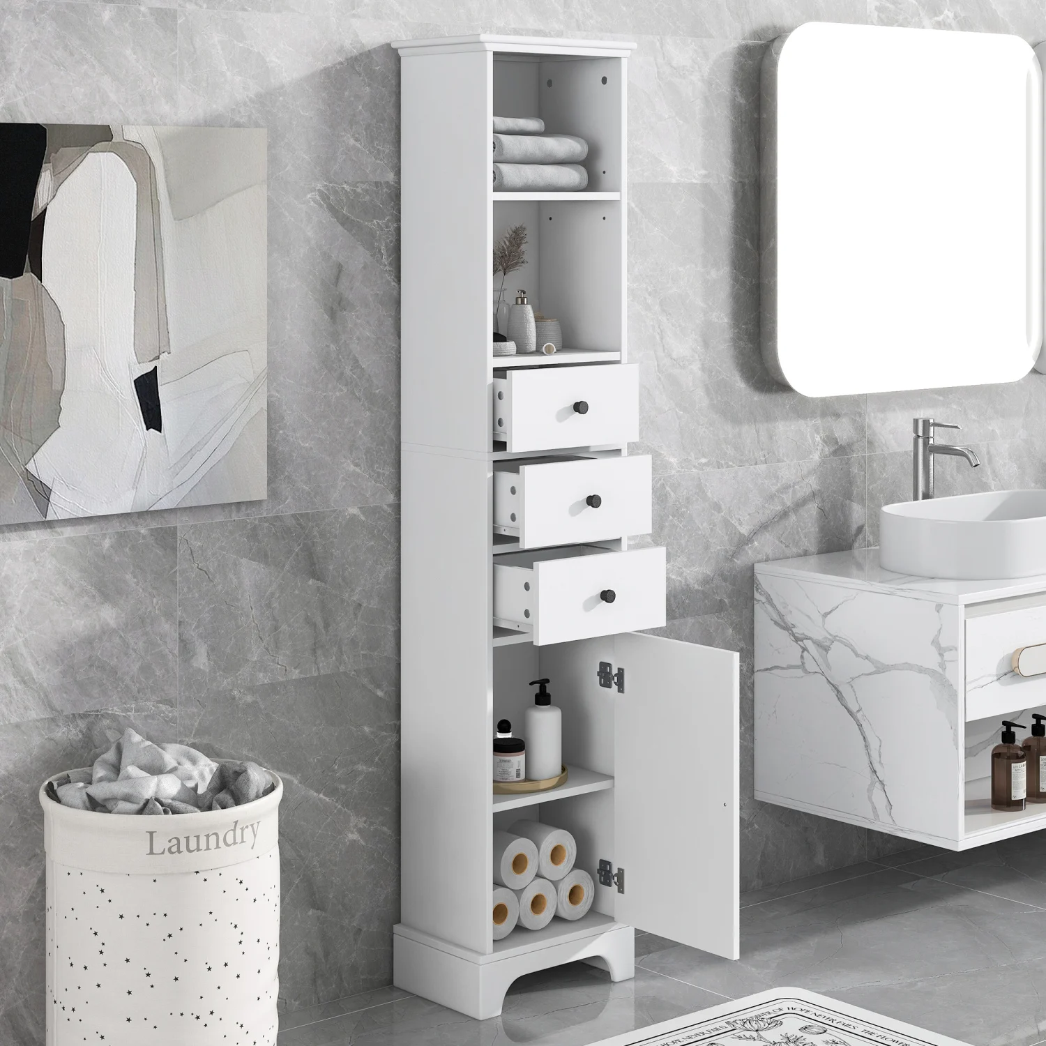 

"White Tall Bathroom Cabinet, Freestanding Storage with Drawers & Adjustable Shelf"