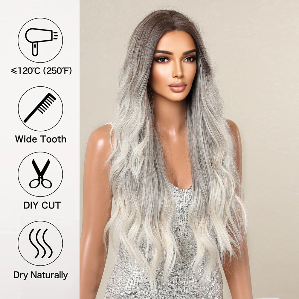 Long Curly Hairline Lace Synthetic Wigs for Black Women Ombre Brown Blonde Gray Cosplay Natural Wavy Hair Wig Heat Resistant