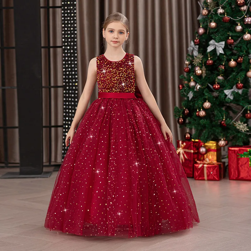 Luxury Dresses For Children Flower Girls Sequins Big Bow Long Dress For Kids Wedding Party Bridesmaid Birthday Performance Gown