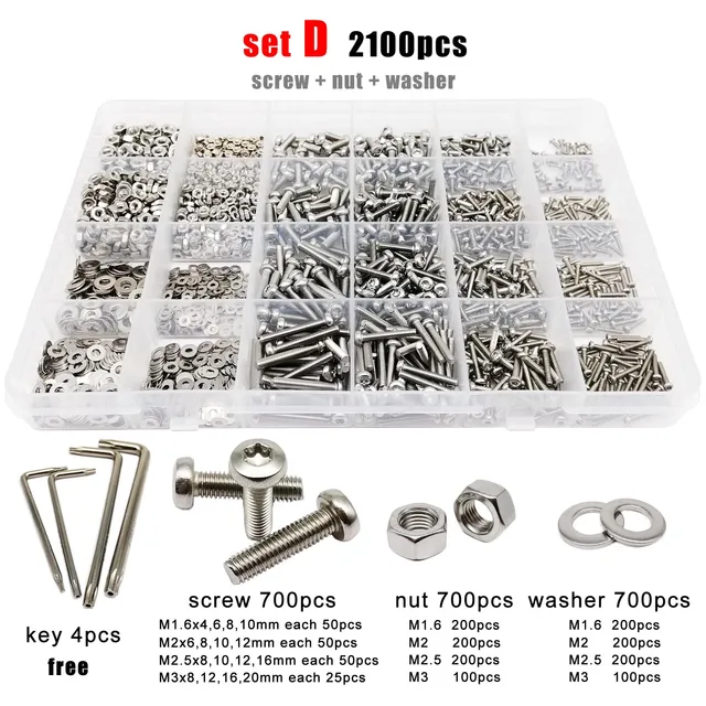 400/2100szt M1.6 M2 M2.5 M3 M4 M5 GB2672 304 Stal nierdzewna Sześciokątna śruba Torx z łbem okrągłym Zestaw nakrętek Zestaw asortymentowy Pudełko
