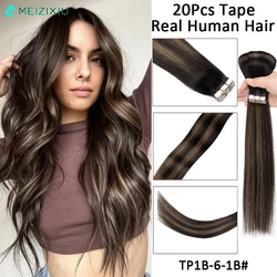 20pcs Human Hair Tape in Hair Extensions Real Hair 24 Inch 20pcs 50g/pack Straight Seamless Weft For Woman Black 1B# 6# Add Hair