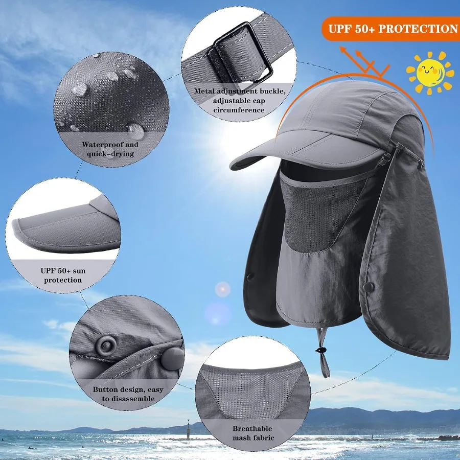 2 قطعة قبعات للحماية من الشمس للرجال والنساء بعامل حماية من الأشعة فوق البنفسجية 50+ لصيد الأسماك في الهواء الطلق والمشي لمسافات طويلة من الأشعة فوق البنفسجية مع قناع وجه قابل للإزالة للرقبة #5