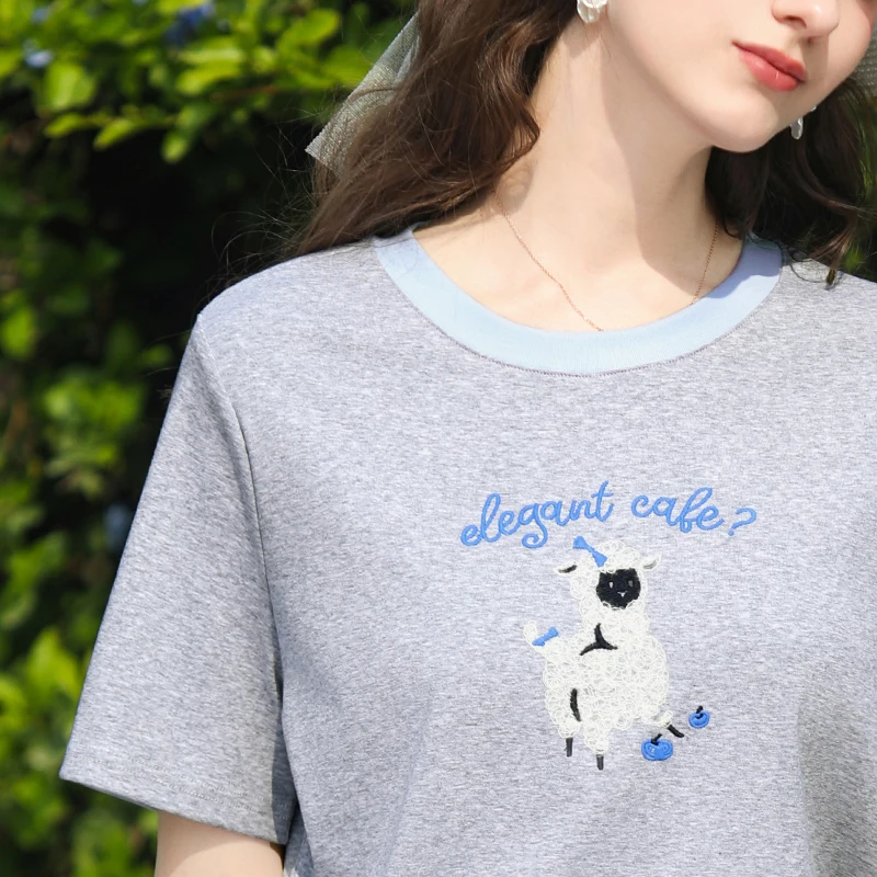 I BELIEVE YOU Sheep Letter Embroidered Short Sleeved T-Shirt For Women 2026 Summer Color Contrasting Round Neck Top 2262016346