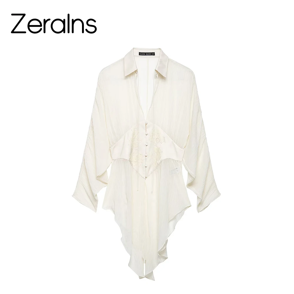 ZERAINS Summer new women's asymmetric hem flip V-neck bat long sleeved semi transparent waist cinching shirt