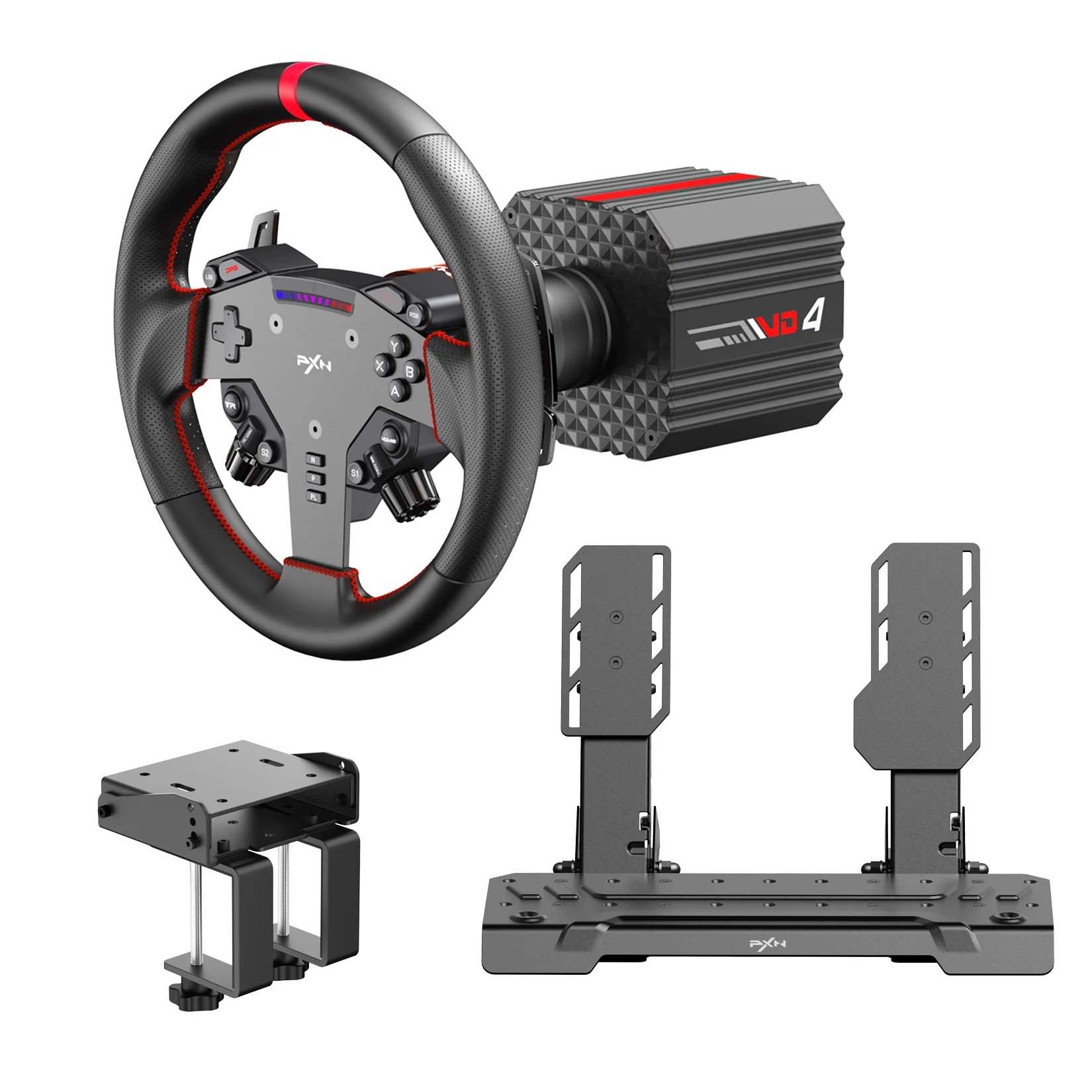 Volant et pédales de course PXN VD4 Bundle pour PC, base à entraînement direct 4 Nm, volant W AS, ensemble de pédales Hall à 2 pédaliers, fixation, compatible Win7-11