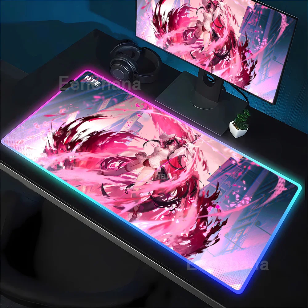 RGB Mouse Pad HD Printing Shinku Neverness To Everness NTE Anime Girl Gaming Keyboard LED XXL Mousepad Office Backlight Desk Mat