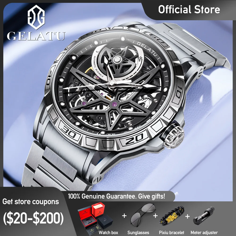 GELATU 6009 Multi-layer Skeletonized Mechanical Movement Watch For Men HD Night Light 50m Waterproof 316L Stainless Steel Watch