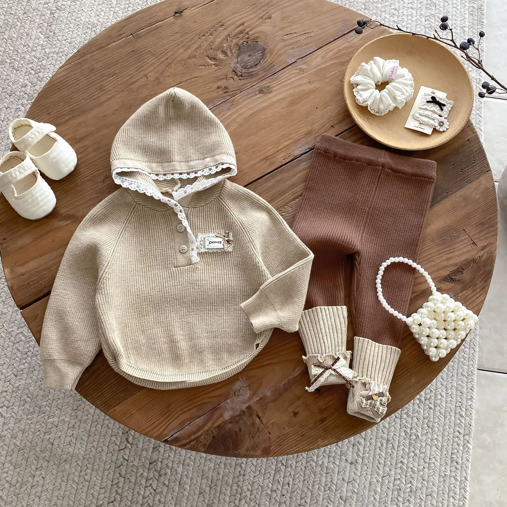 2026 Autumn/Winter New Knitted Set for Infants and Toddlers, Female Baby Hoodie, Two Piece Set with Bottom Pants