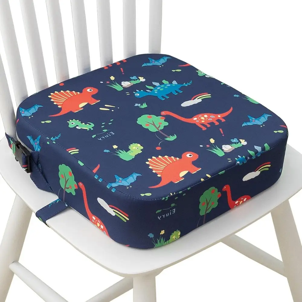Portable Child Booster Seat with Safety Straps and Non-Slip Cushion (Blue Dinosaur Design)