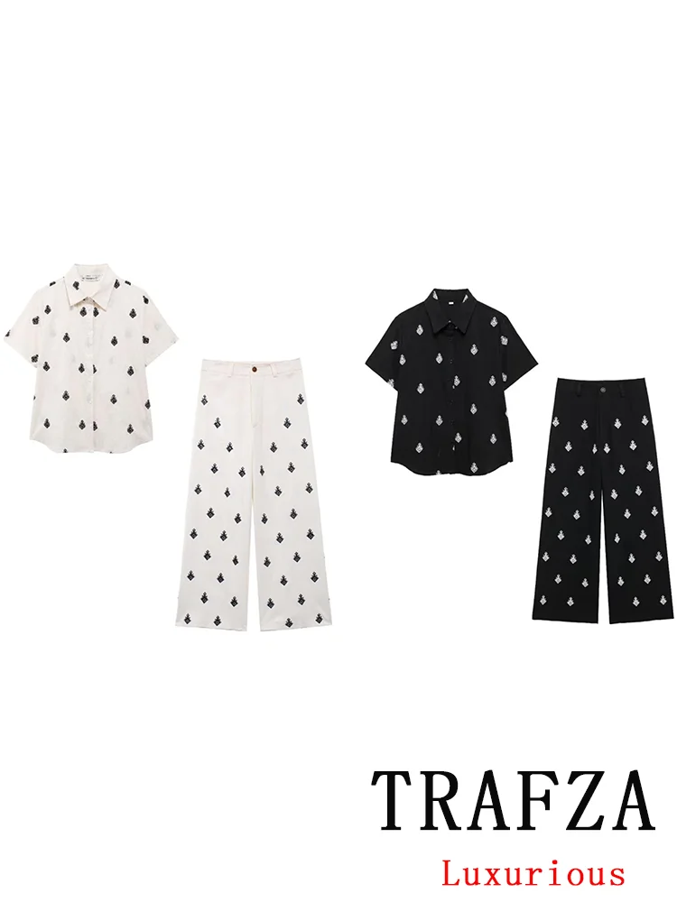 TRAFZA-Terno bordado chique vintage para mulheres, blusa de peito único, calças soltas, colarinho virado para baixo, moda natalícia, conjuntos de outono, 2024