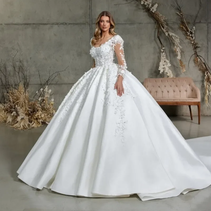 

Dubai Arabic Wedding Dresses Square Neck Applique Lace Long Sleeves 3D Flowers Tulle Bridal Grown Vestido De Noiva