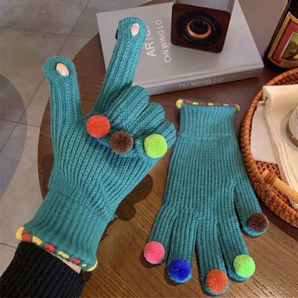 Warm Candy Pom Pom Knit Gloves Cycling Hand Warmers Winter Cold Proof Knitted Gloves Thermal Candy Color
