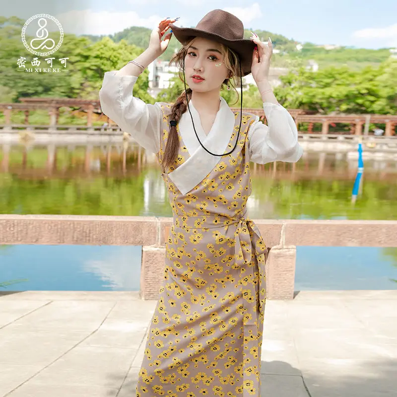 

New Chinese style Tibetan summer thin fake two-piece Bola Xizang suit