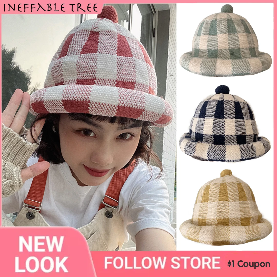 Korea Warm Hats For Women Men Hip Hop Black White Plaid Check Knitting Warm Kawaii Caps Japanese Folding Womens Stylish Retro