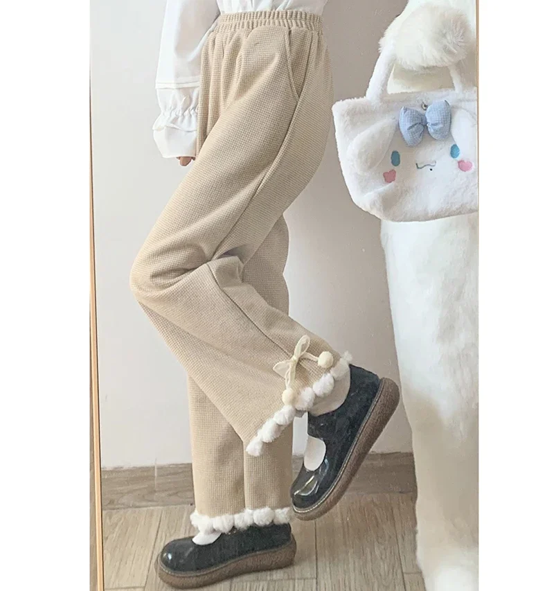 Autumn Winter Fashion Girl Sweet Bow Hairball Casual Wide-leg Pants Women Elastic Waist Loose Slim Student Plaid Straight Pants