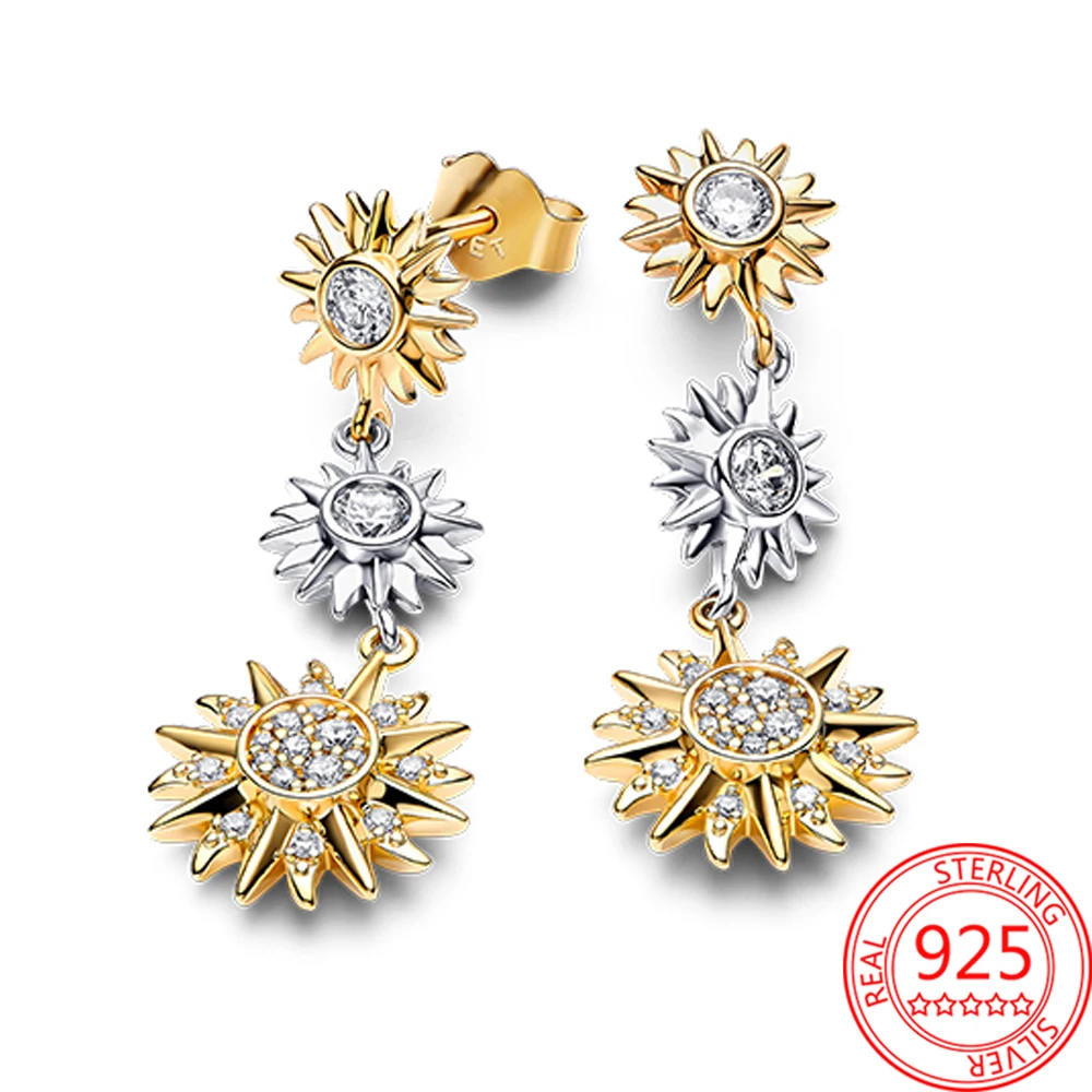 Interesting 925 Sterling Silver White Pavé Gold & Silver Triple Sun Earrings As A Vibrant Women's Anniversary Gift