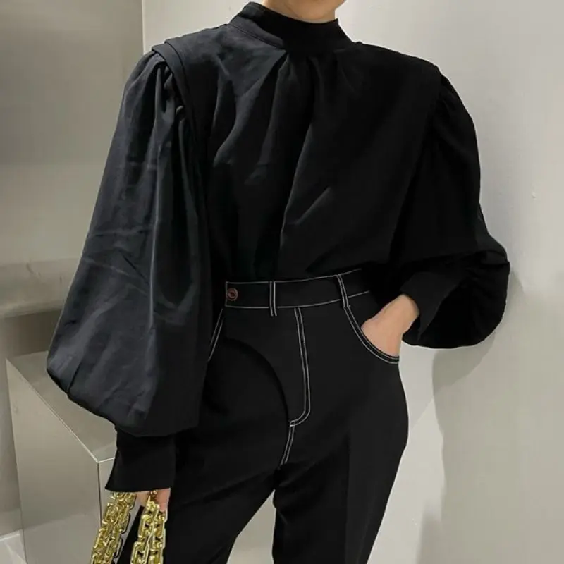 Long Lantern Sleeve Shirts Women Back Buttons-up Chic Half High Collar Solid Color Female Baggy Tops Fashionable French Leisure