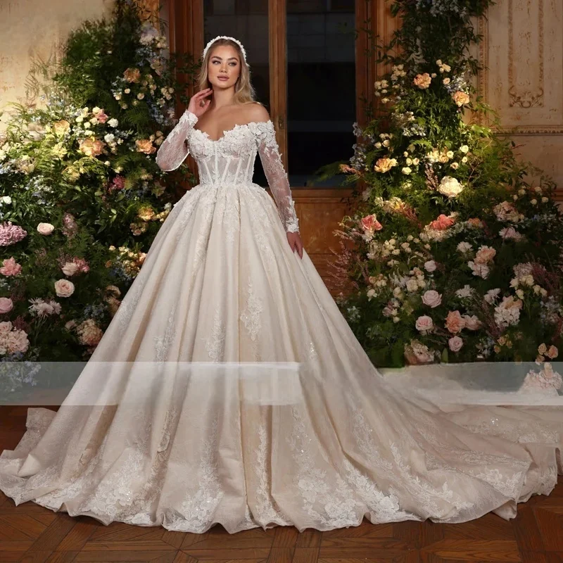 

Customized Appliques Lace Court Train Ball Gown Wedding Dress Long Sleeve Beading Flowers Princess Bridal Gown Vestido De Novia