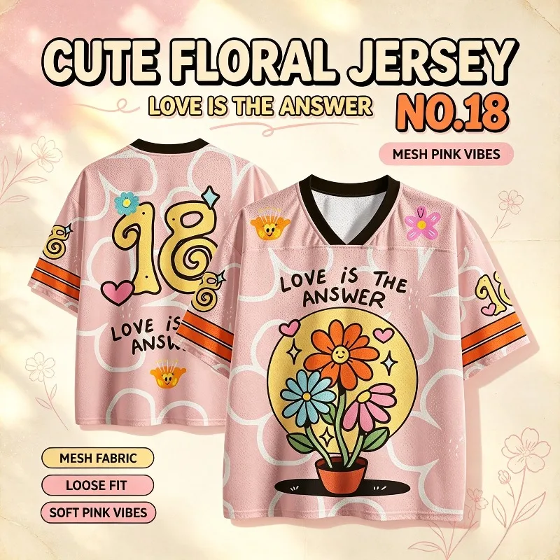 Sweet Cool Foundation Make-up Cartoon Sunflower V-Neck Jersey 18 Love Graffiti LOVE IS THE ANSWER Breathable Rugby Short Sleeve