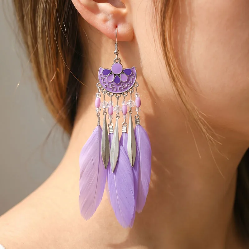 Neue Tropfen Öl Fanförmige Feder Ohrringe für Frauen Mode Böhmischen Lange Silber Farbe Metall Reis Perle Baumeln Ohrring Schmuck – Detail 13