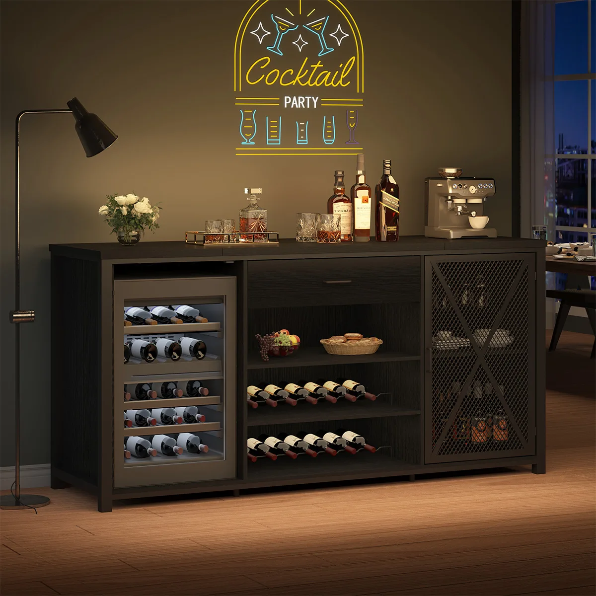 

Modern Liquor Table Home Mini Bar Wine Cabinet with Stemware Rack and Storage Drawers Freestanding Wooden Bar Cabinet