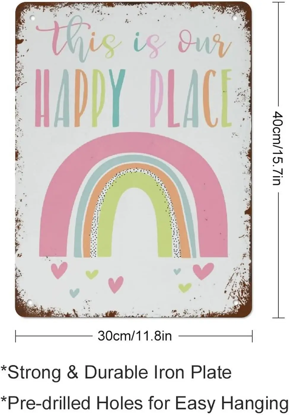 Funny Vintage Tin Metal Sign This is Our Happy Place Rainbow Print Girls Room Decor Playroom Decor 16x12 Inch Suitable