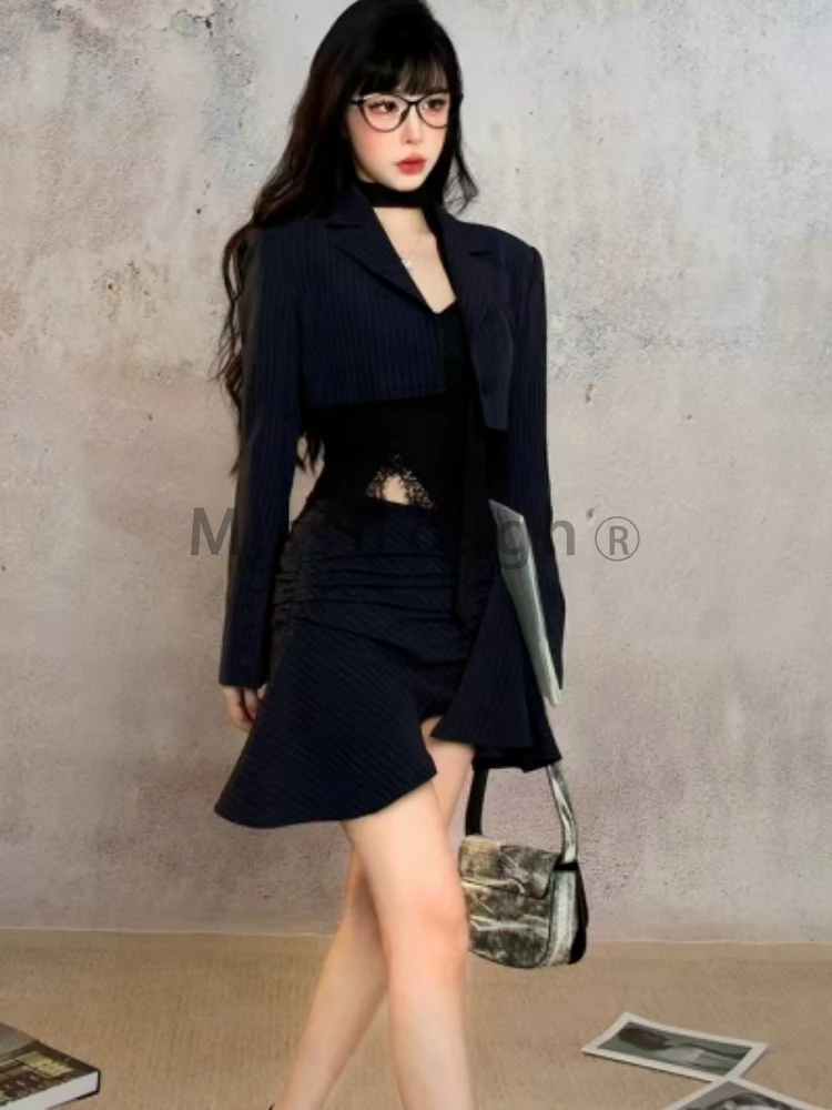 Autumn New Advance Sense 3 Piece Set Women Royal Sister Style Y2K Design Streak Suit Short Jacket+Irregular Top+High Waist Skirt