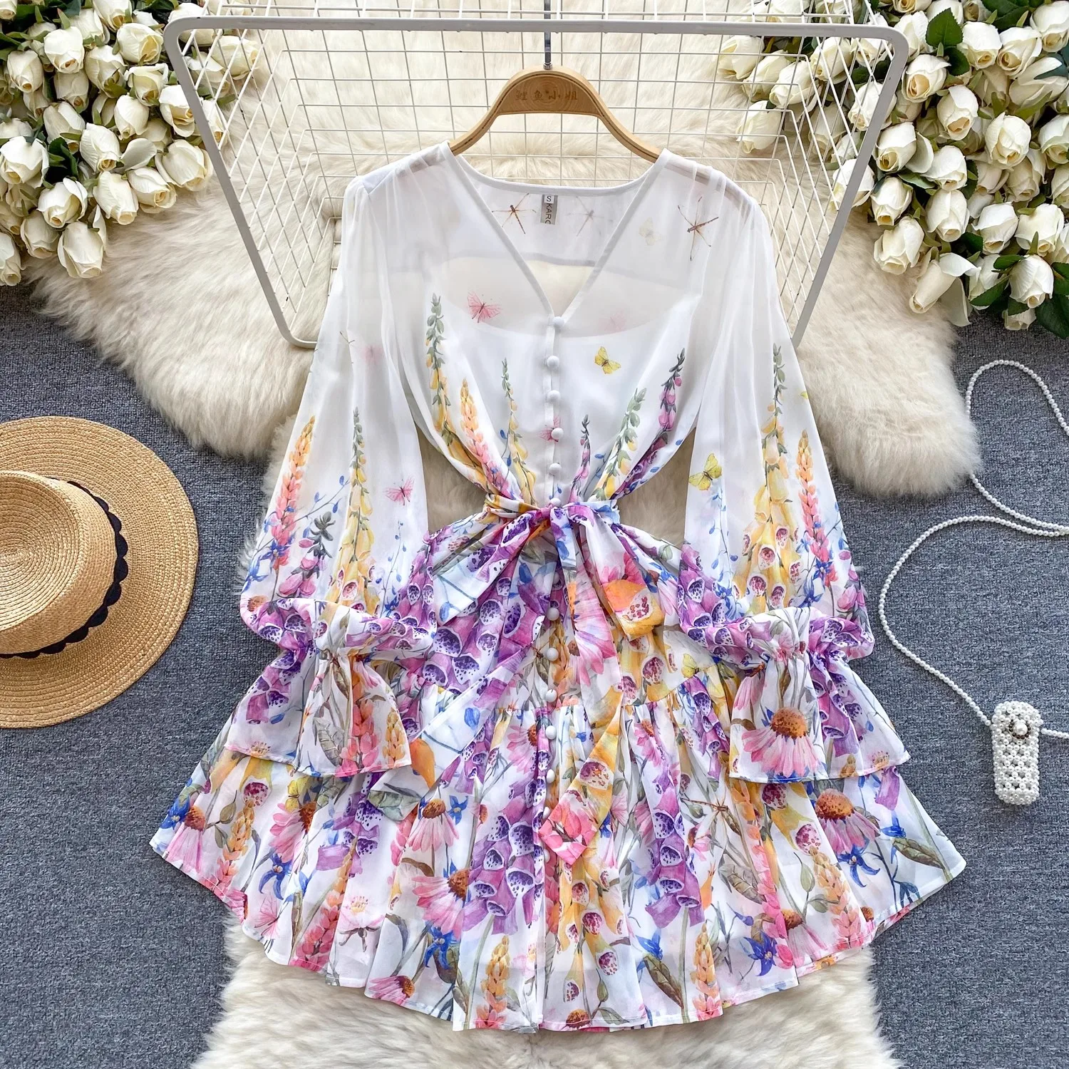 Summer Runway Gorgeous Flower Chiffon Ruffles Mini Dress Women Deep V Neck Flare Sleeve Floral Print Boho Robe Vestidos 6240