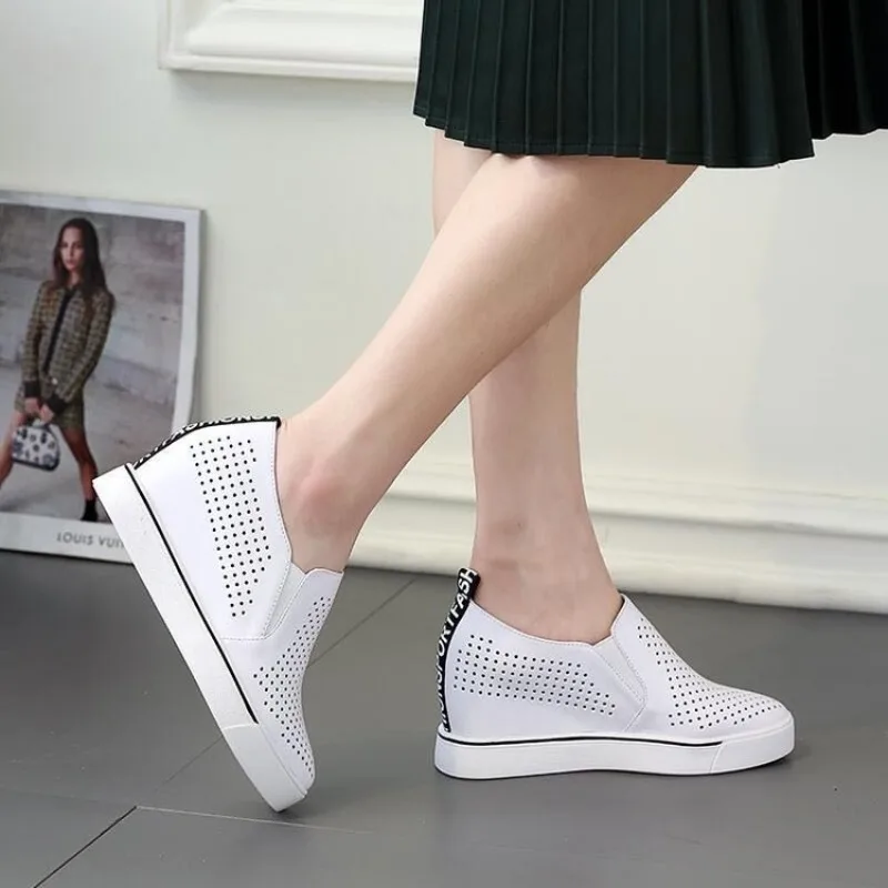 Comemore Height Sneakers Women Summer Shoes Platform Wedge White Mesh Breathable Vulcanize Shoes Slip on Solid Ladies Tennis