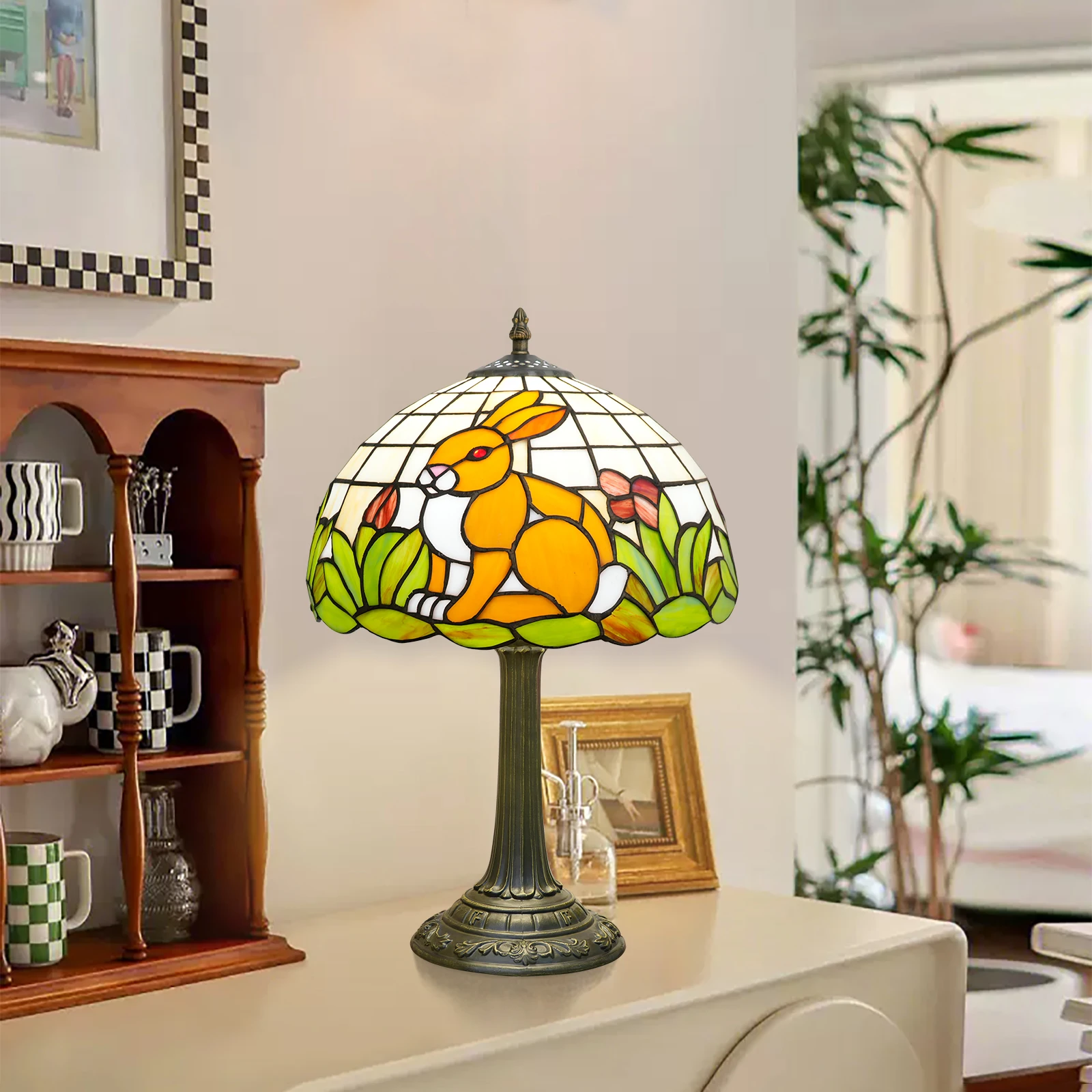 Retro Table Lamp Easter Bunnies Rabbit Floral Nightstand Lamp stained glass Lamp Shade Bedside Desk Lamp for Living Room Bedroom