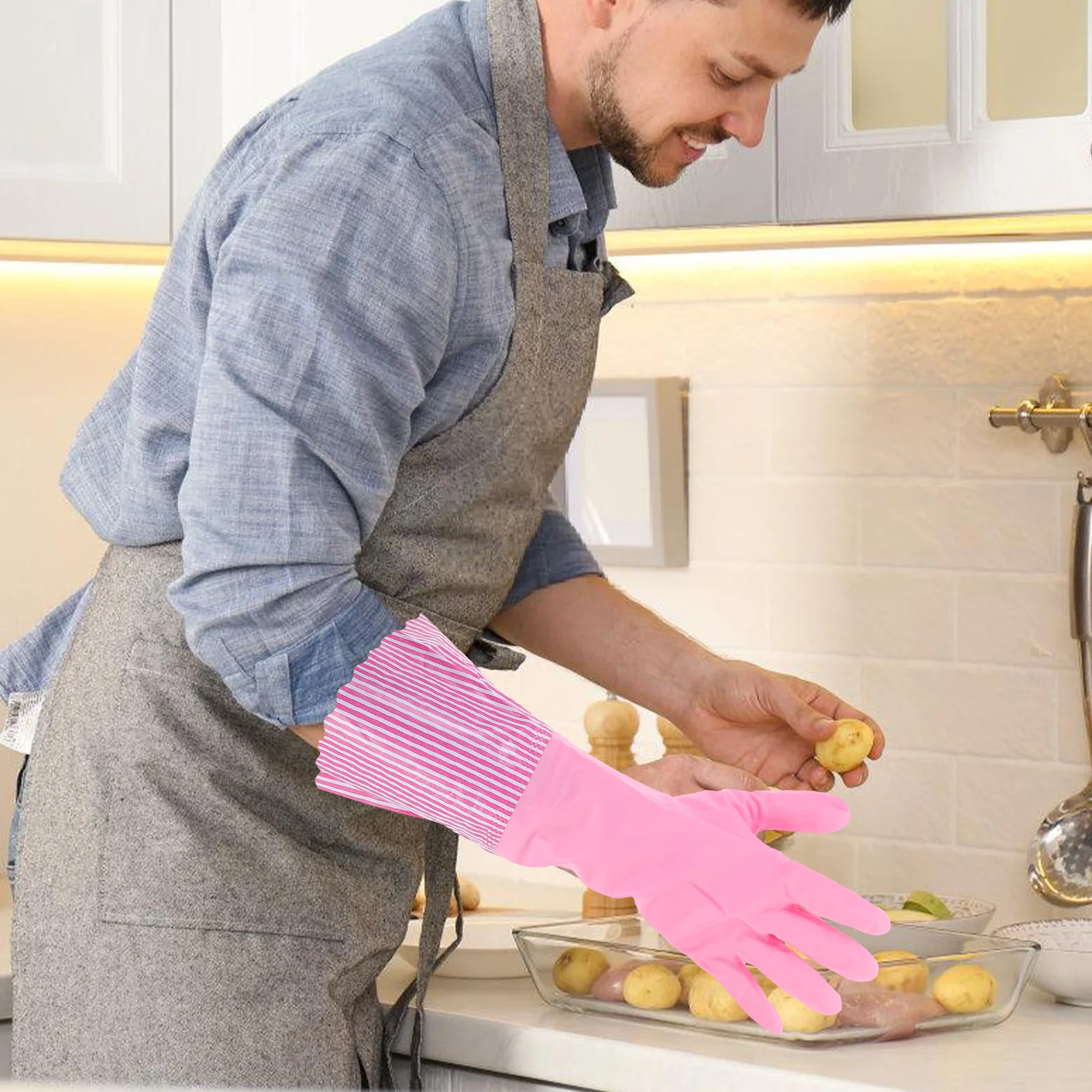 

3pcs Waterproof Lined Long Cuff Dishwashing Kitchen Cleaning Washing Gloves For Dishes Reusable Household Gloves