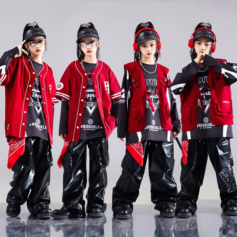 Kids Loose Jazz Dance Costume Long Sleeve Top Vest Cargo Pants For Boys Girls Suit Hip-hop Stage Outfit Catwalk Clothes DQL10226