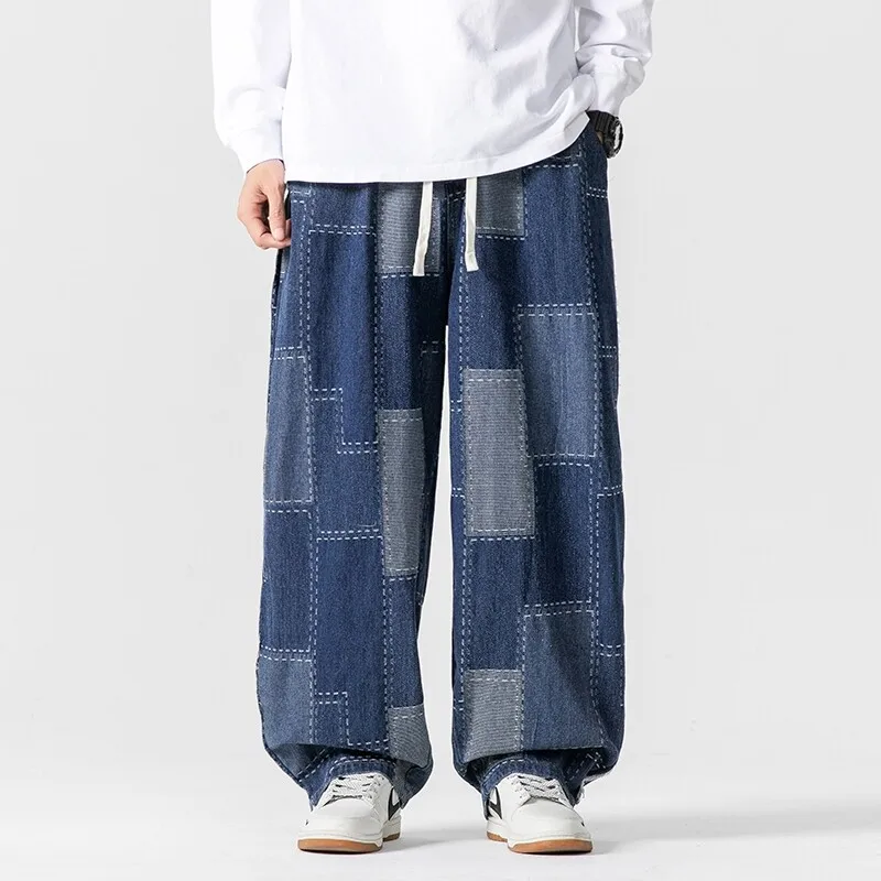 Japanese Loose Patch Jacquard Jeans For Men Spring Summer Casual Fashion Retro Male Elastic Waist Wide Leg Denim Pants