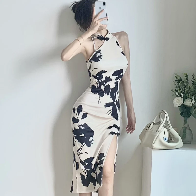 

Sexy Vintage Elegant Vintage Printed Flower Wrapped Buttocks Dress Slim Fit Medium Length Cheongsam New Chinese Style Dresses