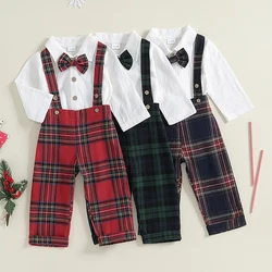 2024-07-03 Lioraitiin Baby Boy Gentleman Outfit Solid Long Sleeve Lapel Romper with Plaid Suspender Pants and Bow Tie 3 Pcs Set