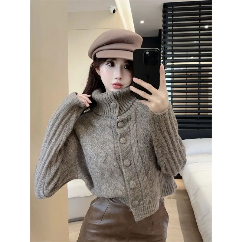 Lazy Wind Choker Sweater Female Autumn and Winter Can Be Worn Outside Sense of Advanced Thickening Type Short Knit Cardigan Coat