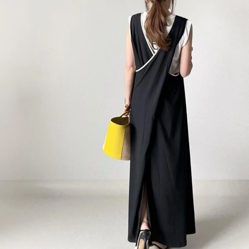 

2023 Summer New High Fashion Japan Korean Style deep v neck cross Back Sleeveless black Women Long Dress Vestido De Mujer