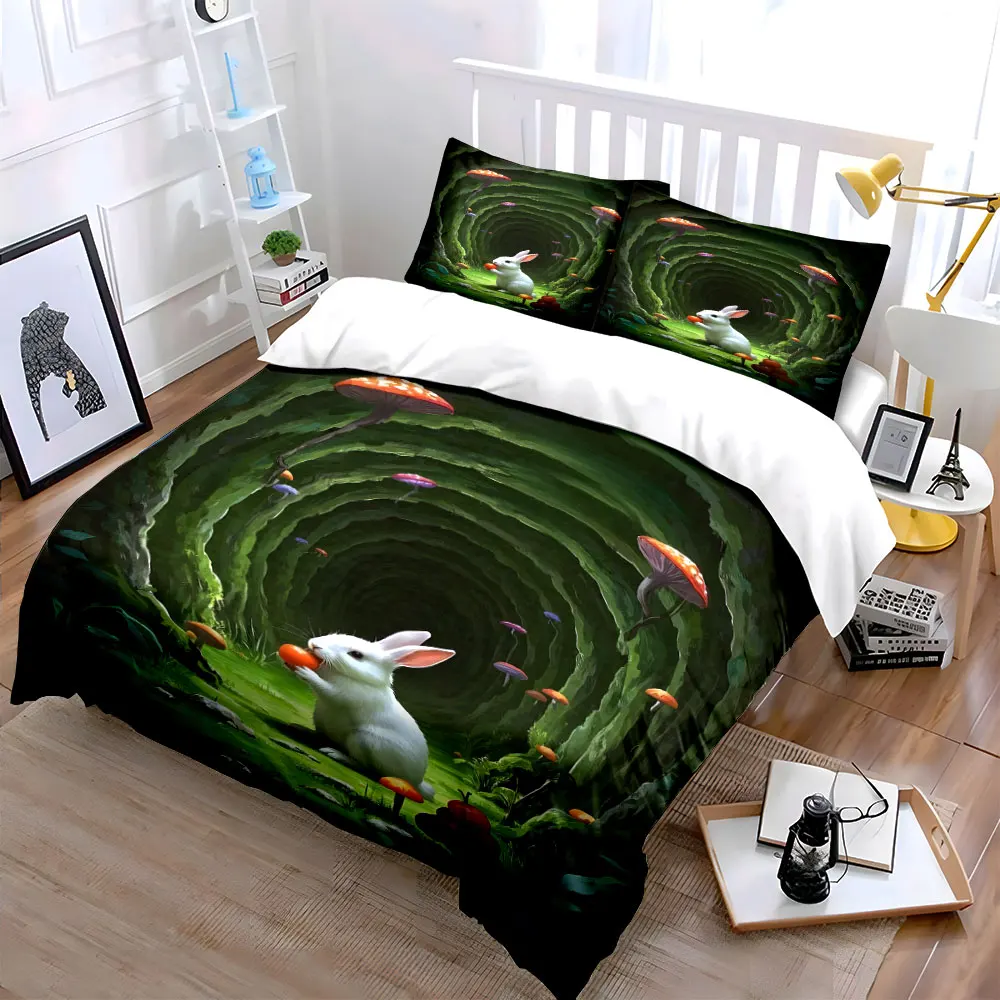 Rabbit in Mushroom Tunnel Print Bedding Set 1 Duvet Cover 2 Pillowcases for Adult and Children Luxury Gift Full Size