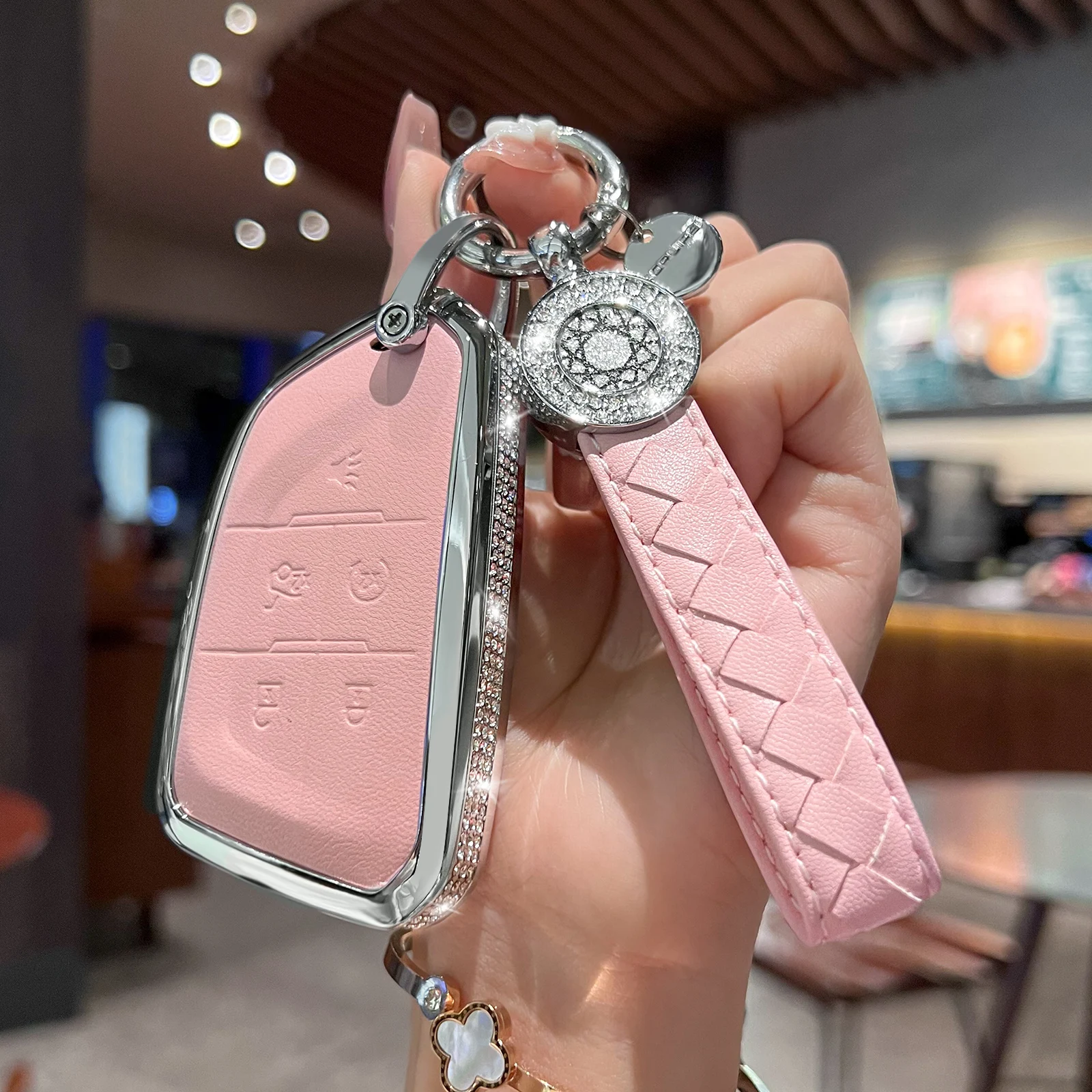 for 2021 Cadillac Escalade Key Fob Cover with Keychain, Pink Genuine Leather Crystal Key Case Protection Shell Compatible with C